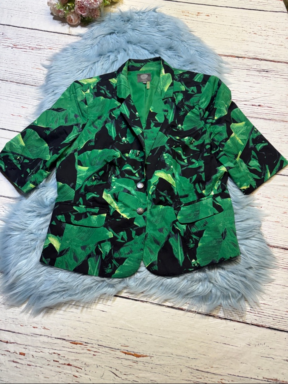 Vince Camuto Green & Black Leaf-Print Short Sleeve Blazer Jacket sz 10